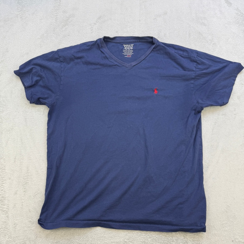 Polo Ralph Lauren V-Neck T Shirt Mens Medium Navy Blue Red Pony Logo Essential